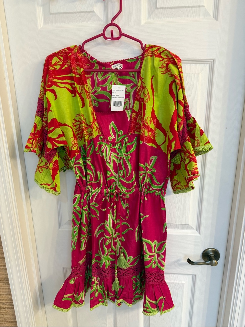 Bright Fuchsia & Lime Floral Mini Dress with Ruffle Hem